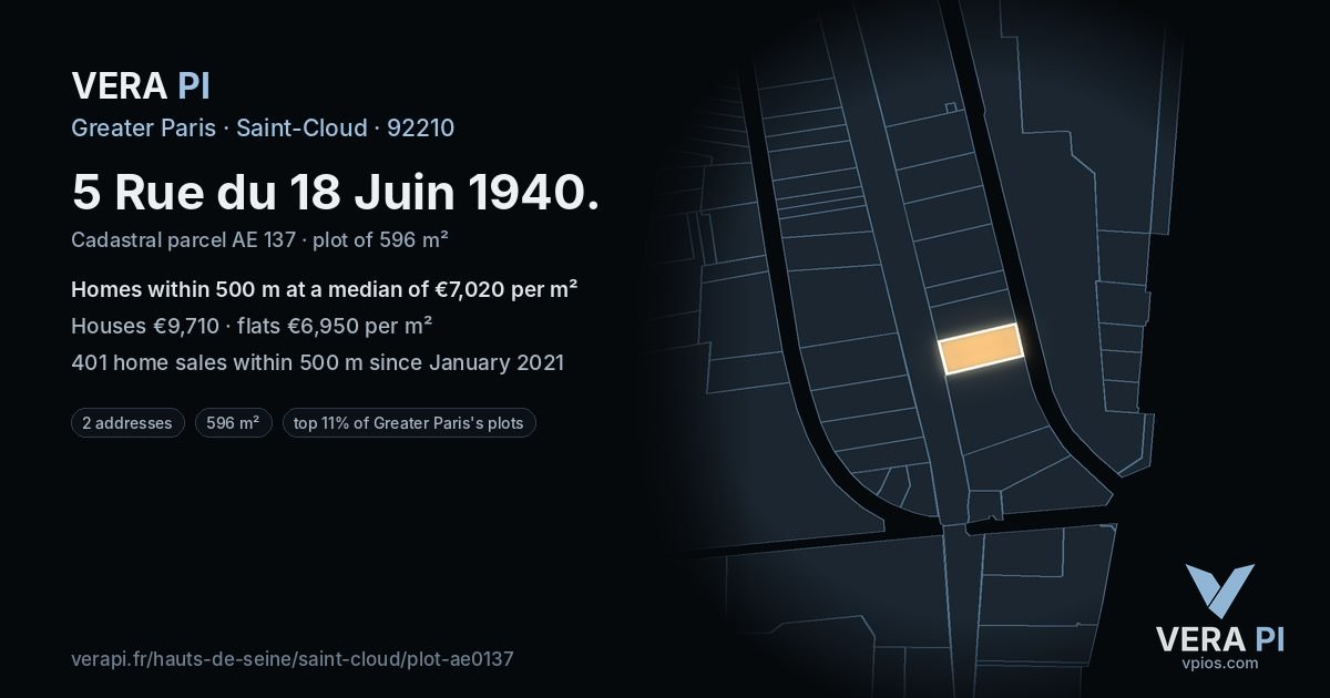 5 Rue du 18 Juin 1940, Saint-Cloud at night – the plot lit, the parcels around coloured by the prices near them