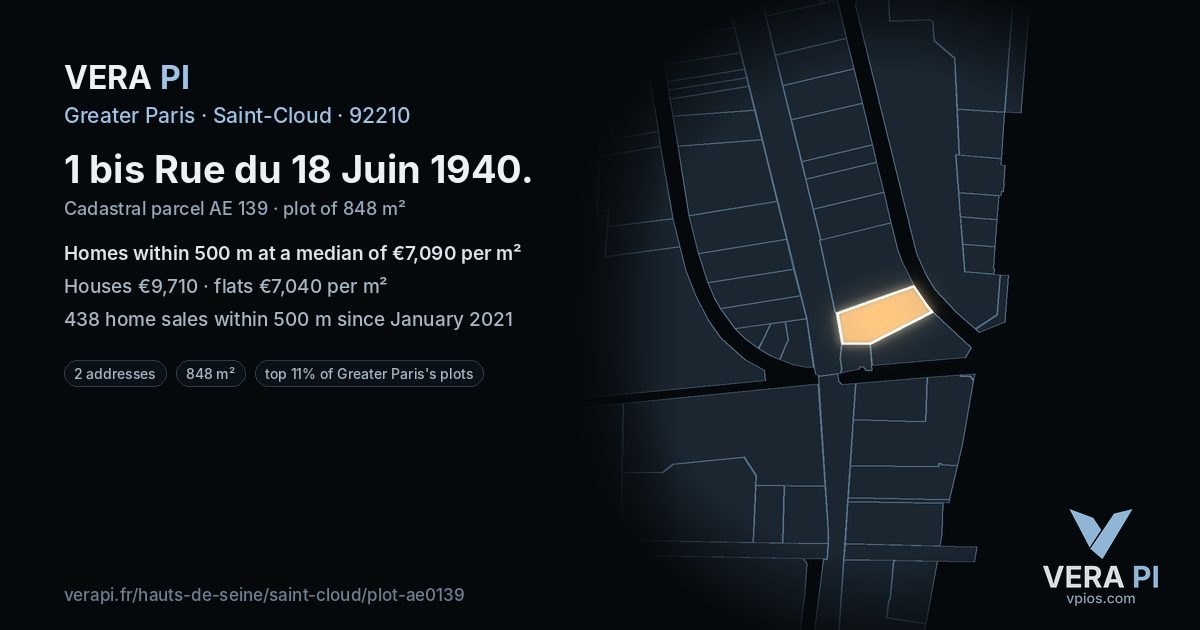 1 bis Rue du 18 Juin 1940, Saint-Cloud at night – the plot lit, the parcels around coloured by the prices near them