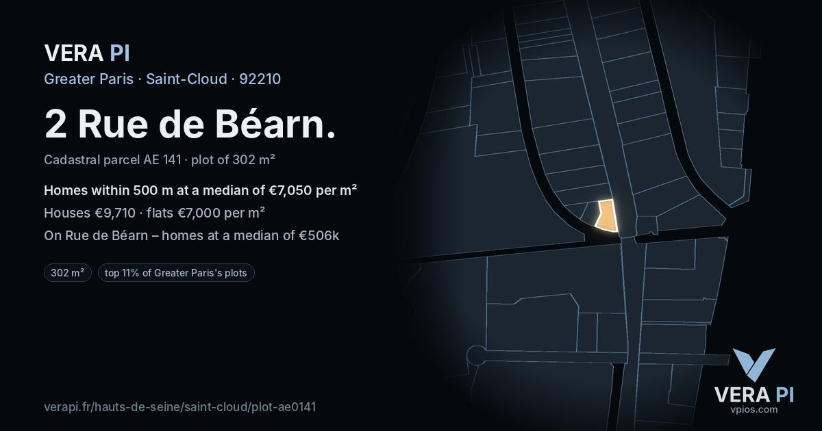 2 Rue de Béarn, Saint-Cloud at night – the plot lit, the parcels around coloured by the prices near them