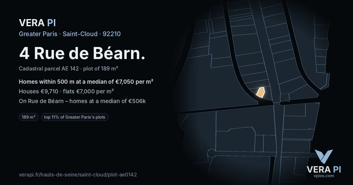 4 Rue de Béarn, Saint-Cloud at night – the plot lit, the parcels around coloured by the prices near them