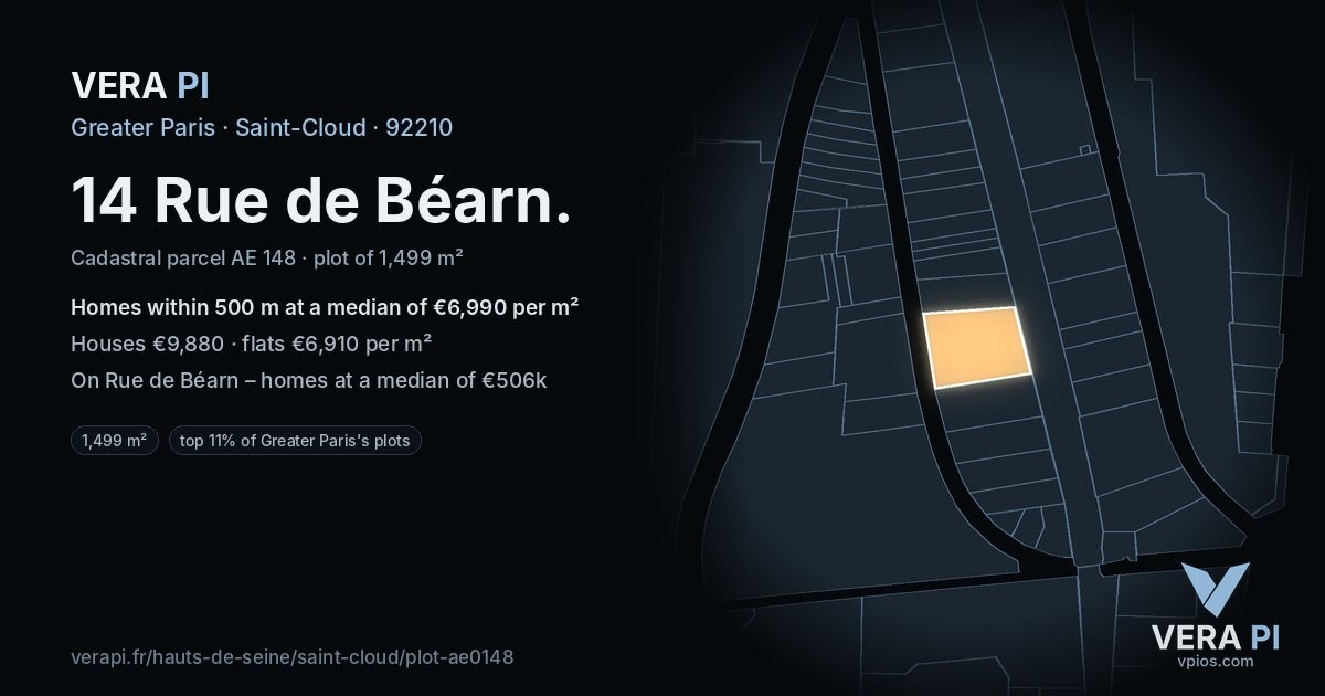 14 Rue de Béarn, Saint-Cloud at night – the plot lit, the parcels around coloured by the prices near them