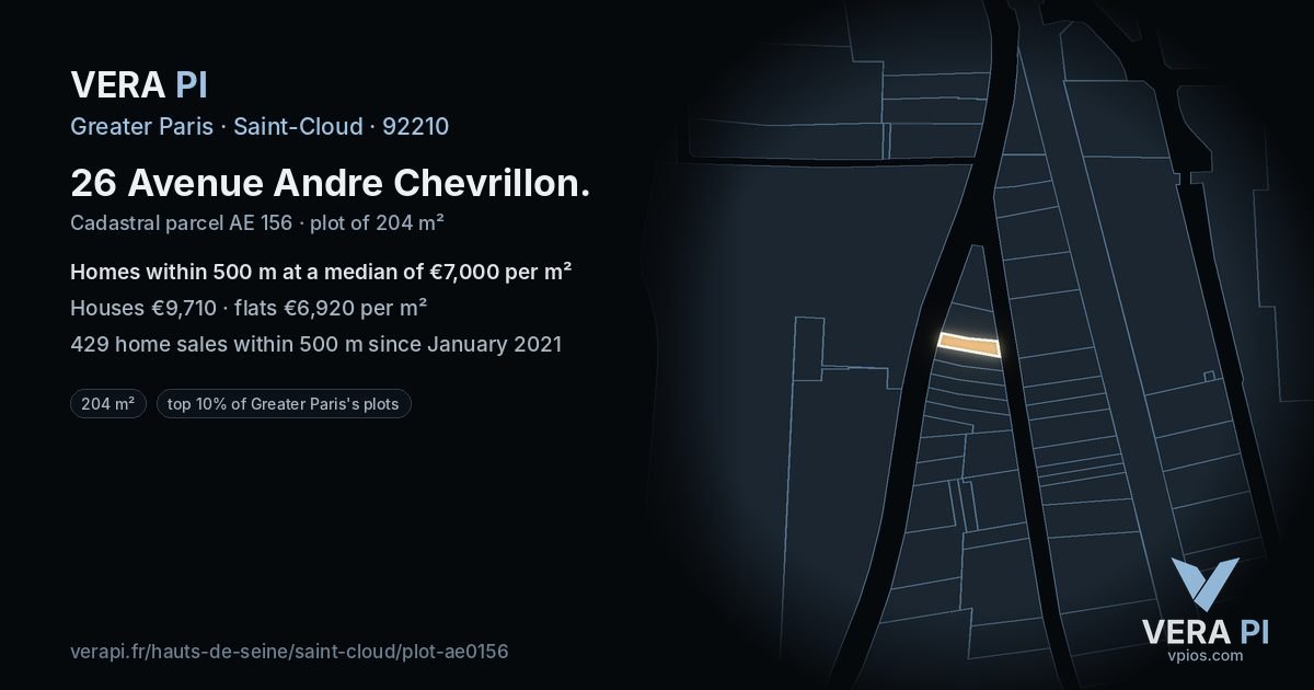 26 Avenue Andre Chevrillon, Saint-Cloud at night – the plot lit, the parcels around coloured by the prices near them