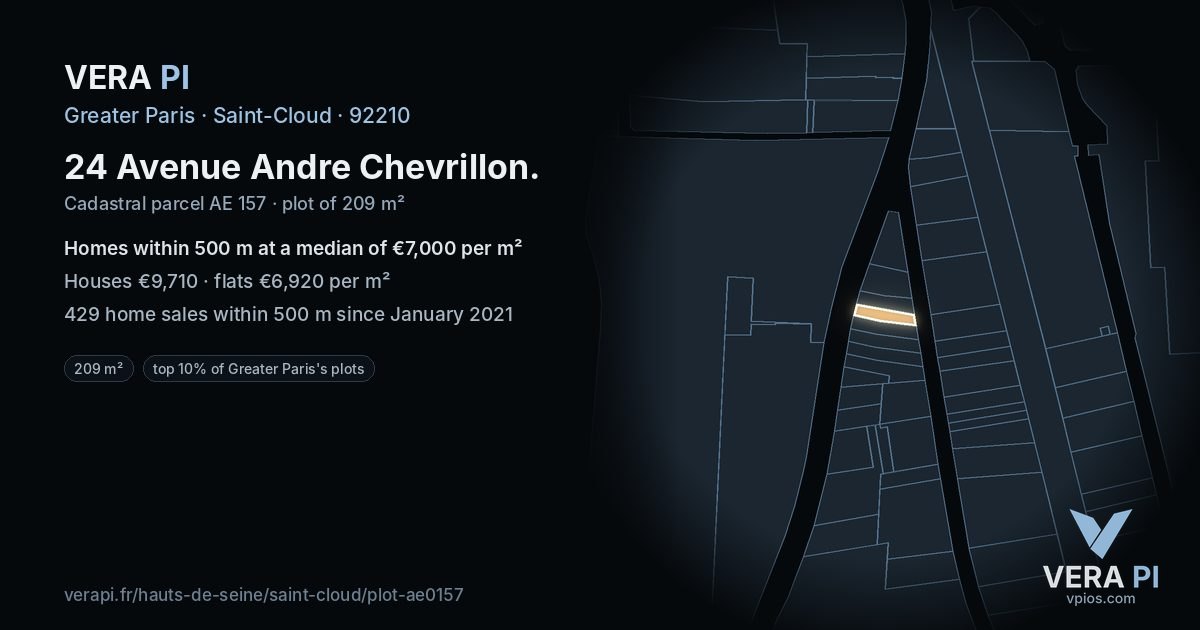 24 Avenue Andre Chevrillon, Saint-Cloud at night – the plot lit, the parcels around coloured by the prices near them