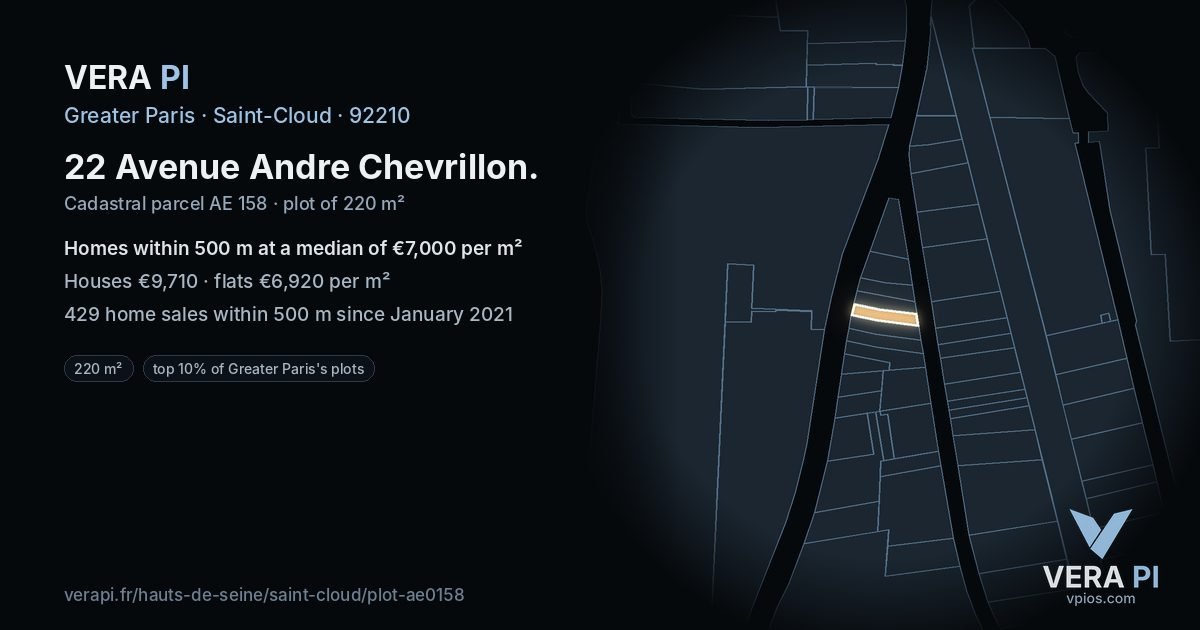 22 Avenue Andre Chevrillon, Saint-Cloud at night – the plot lit, the parcels around coloured by the prices near them