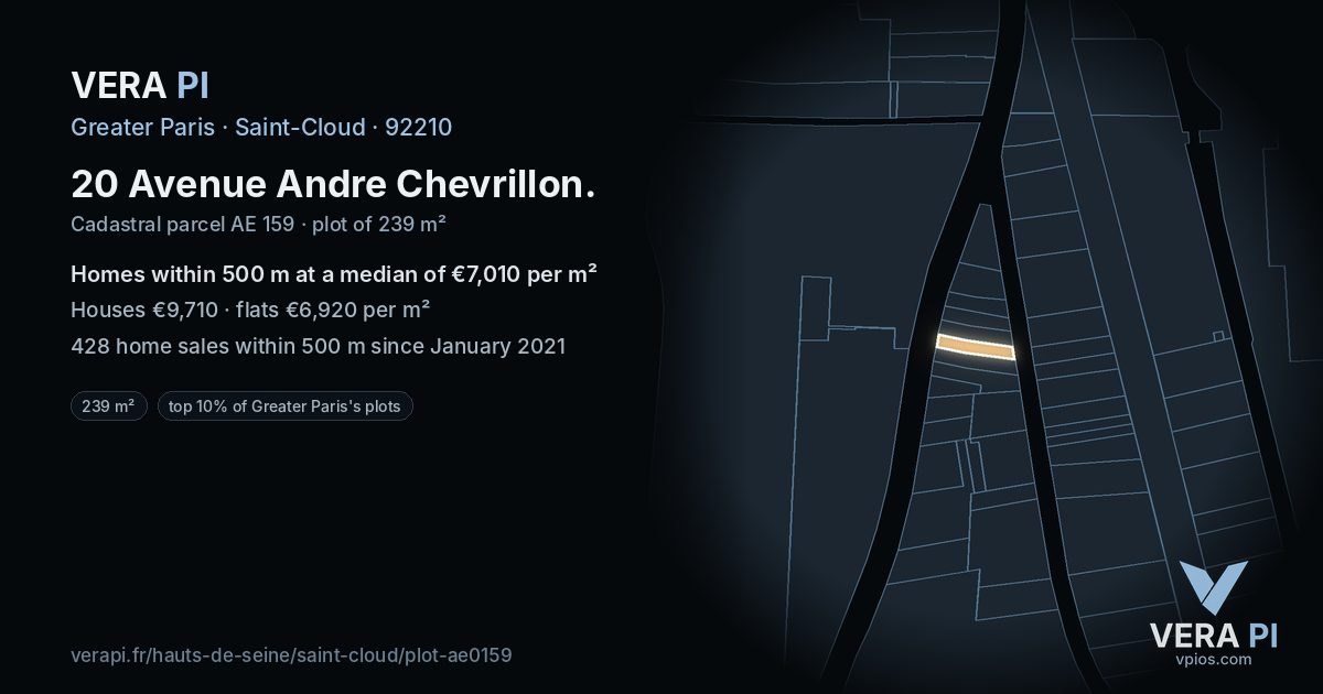 20 Avenue Andre Chevrillon, Saint-Cloud at night – the plot lit, the parcels around coloured by the prices near them