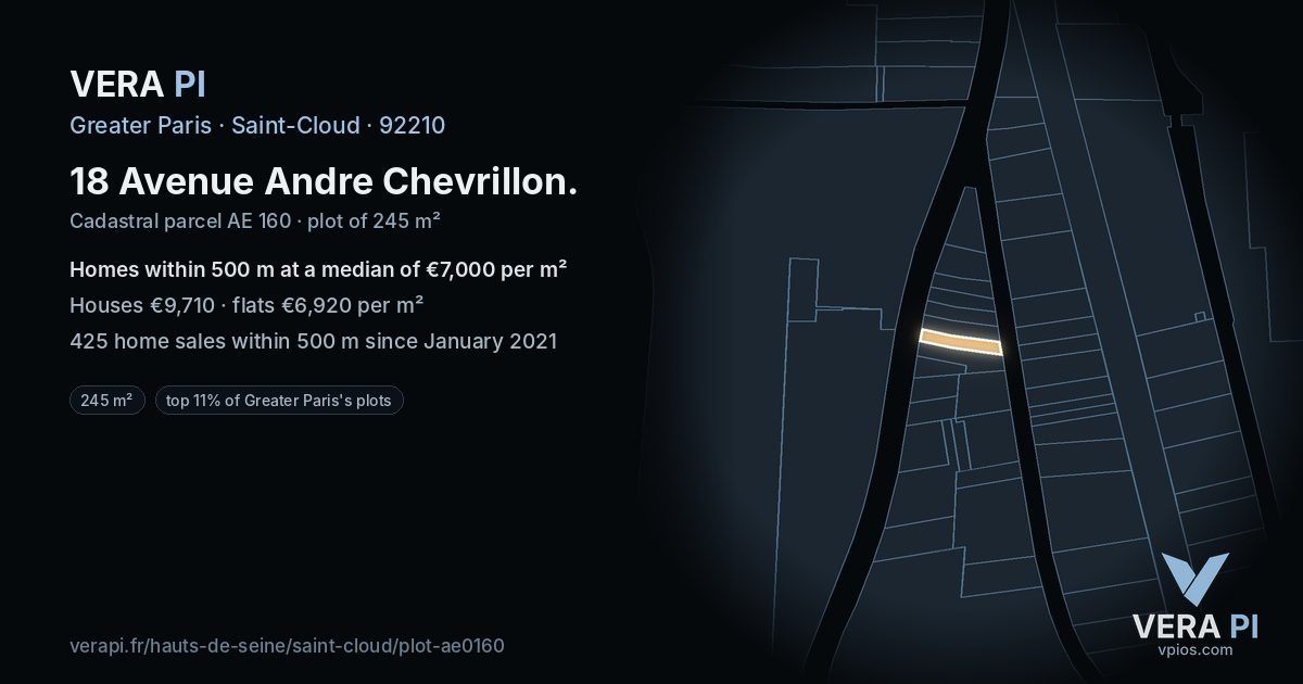 18 Avenue Andre Chevrillon, Saint-Cloud at night – the plot lit, the parcels around coloured by the prices near them