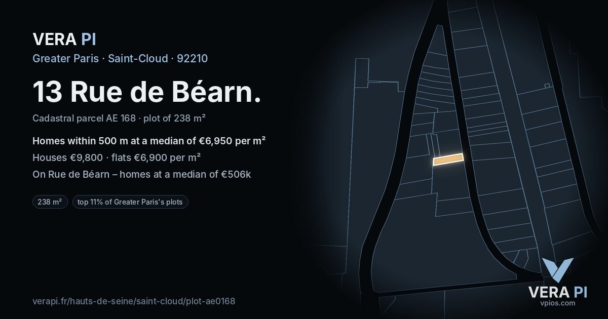 13 Rue de Béarn, Saint-Cloud at night – the plot lit, the parcels around coloured by the prices near them