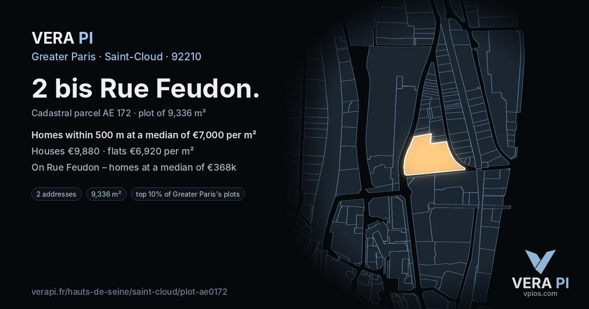 2 bis Rue Feudon, Saint-Cloud at night – the plot lit, the parcels around coloured by the prices near them