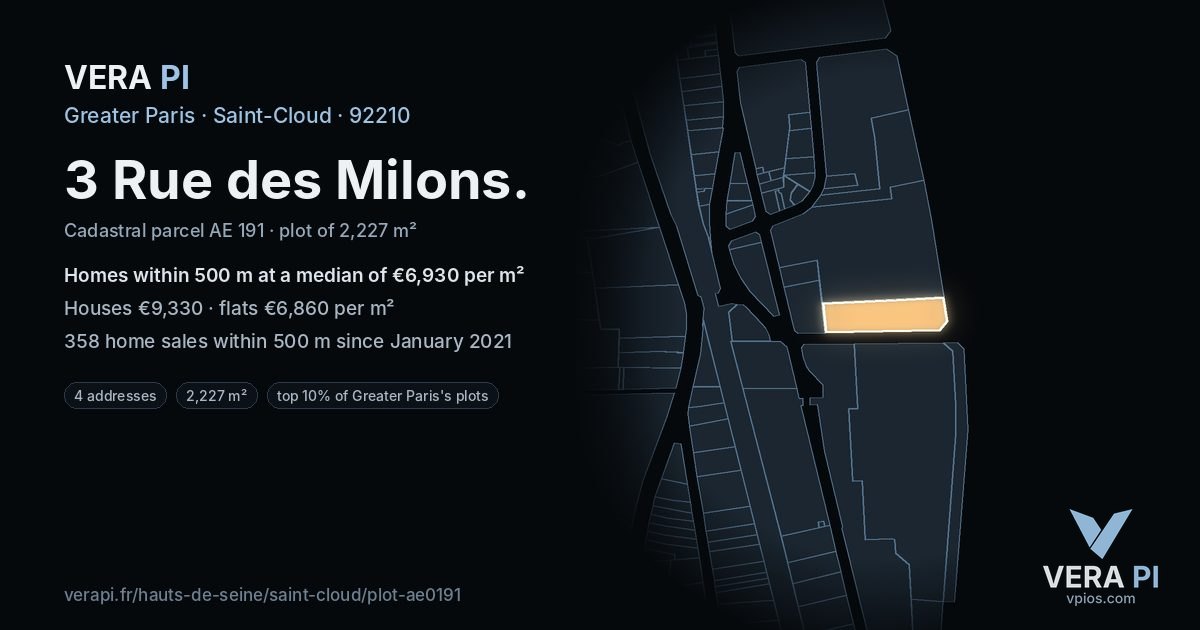 3 Rue des Milons, Saint-Cloud at night – the plot lit, the parcels around coloured by the prices near them