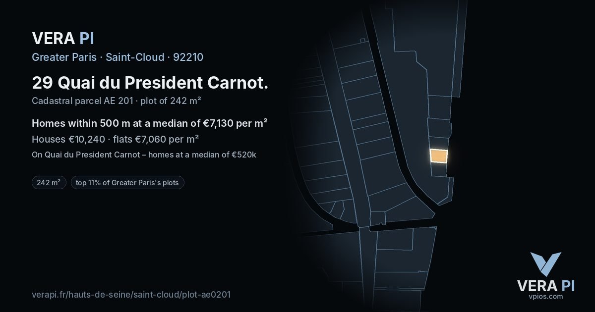 29 Quai du President Carnot, Saint-Cloud at night – the plot lit, the parcels around coloured by the prices near them
