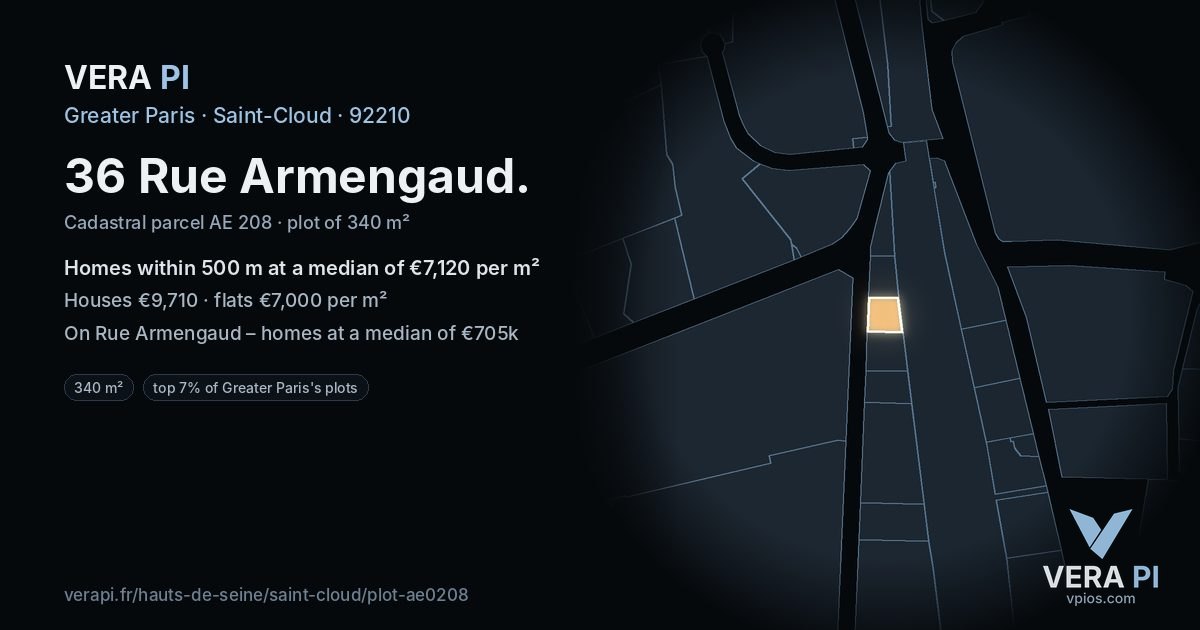 36 Rue Armengaud, Saint-Cloud at night – the plot lit, the parcels around coloured by the prices near them