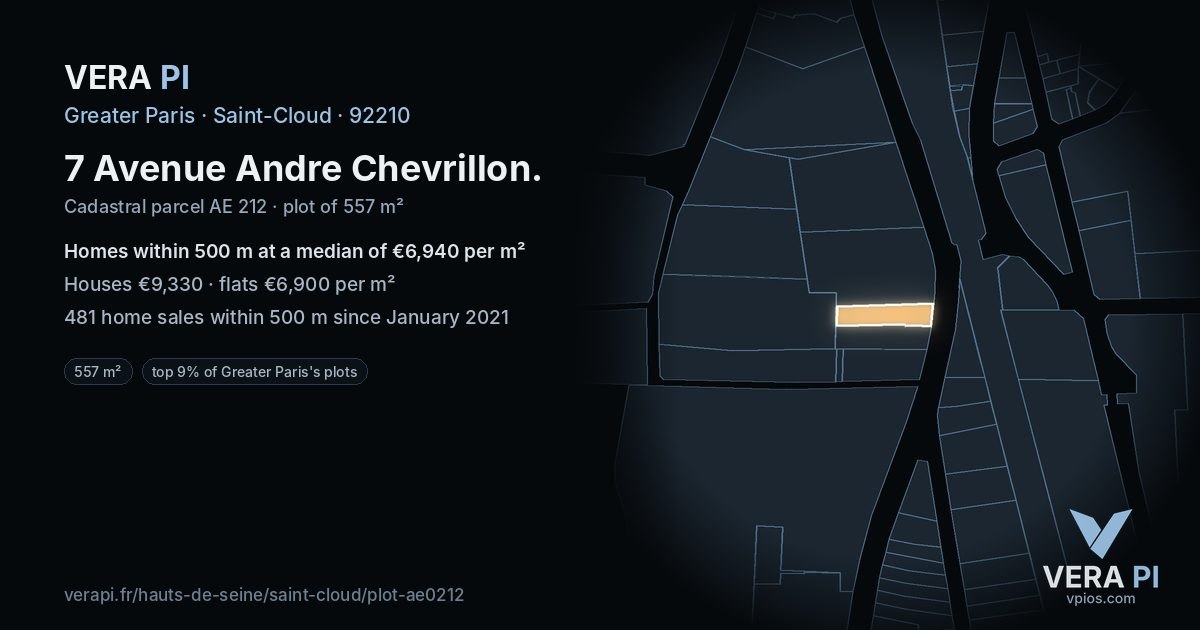 7 Avenue Andre Chevrillon, Saint-Cloud at night – the plot lit, the parcels around coloured by the prices near them