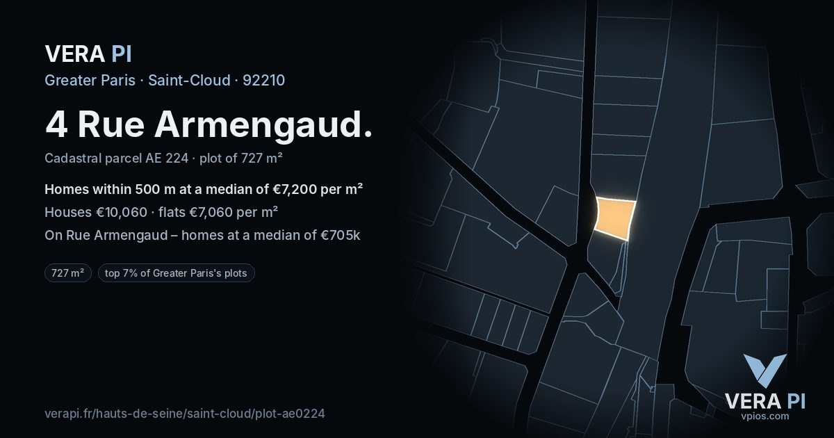4 Rue Armengaud, Saint-Cloud at night – the plot lit, the parcels around coloured by the prices near them