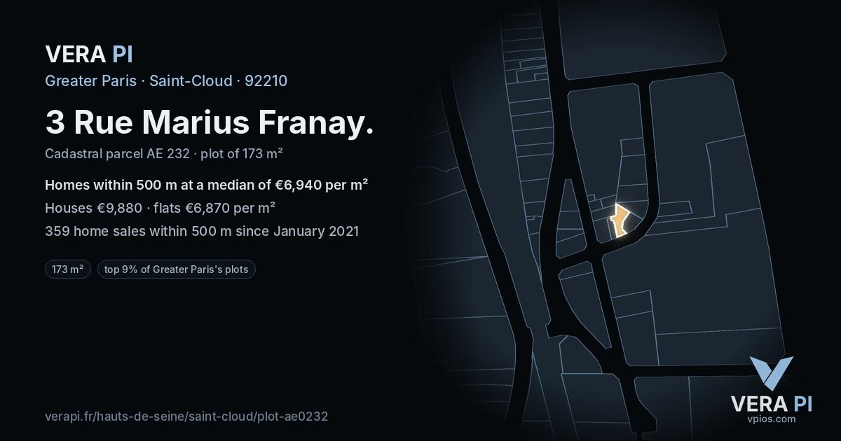 3 Rue Marius Franay, Saint-Cloud at night – the plot lit, the parcels around coloured by the prices near them