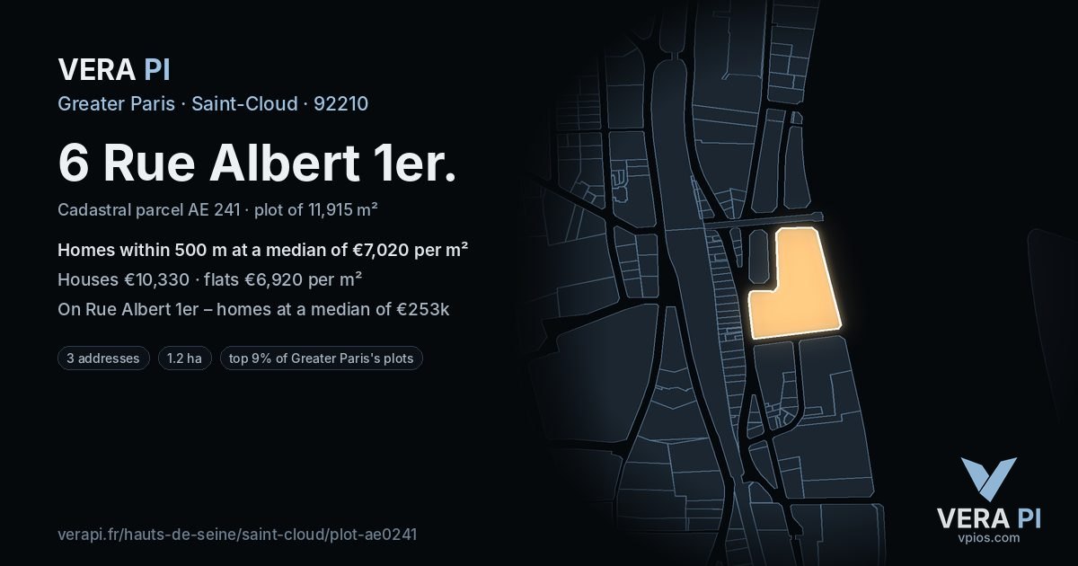 6 Rue Albert 1er, Saint-Cloud at night – the plot lit, the parcels around coloured by the prices near them