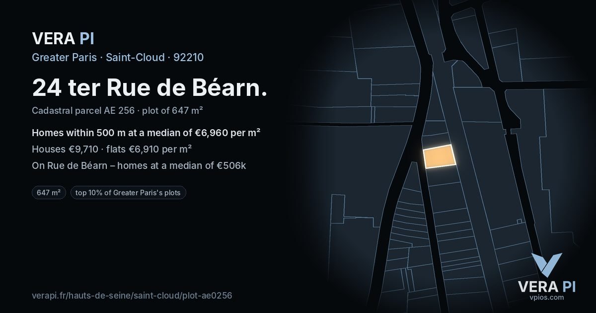 24 ter Rue de Béarn, Saint-Cloud at night – the plot lit, the parcels around coloured by the prices near them