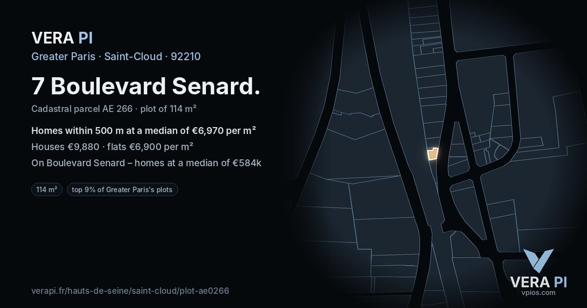 7 Boulevard Senard, Saint-Cloud at night – the plot lit, the parcels around coloured by the prices near them