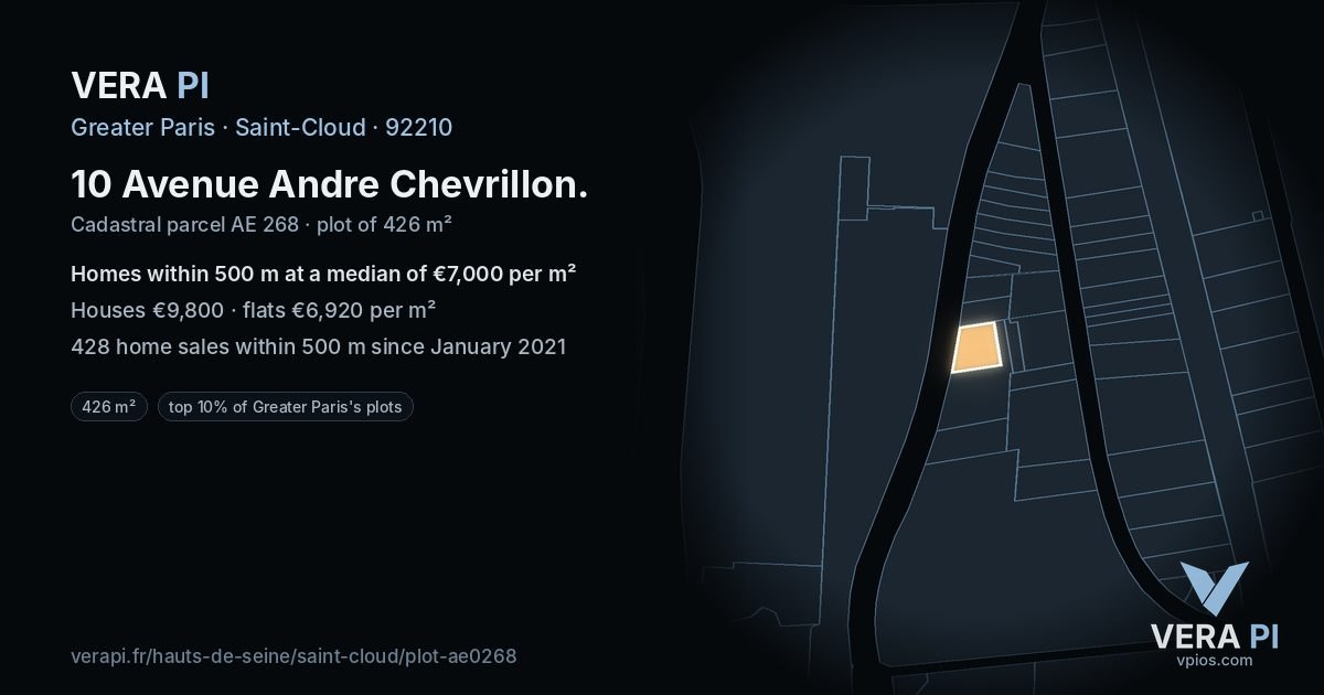 10 Avenue Andre Chevrillon, Saint-Cloud at night – the plot lit, the parcels around coloured by the prices near them