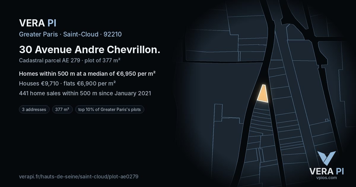 30 Avenue Andre Chevrillon, Saint-Cloud at night – the plot lit, the parcels around coloured by the prices near them