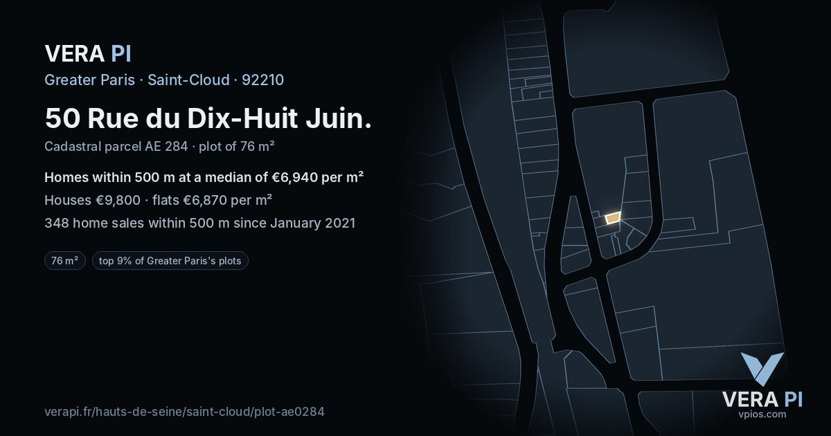 50 Rue du Dix-Huit Juin, Saint-Cloud at night – the plot lit, the parcels around coloured by the prices near them