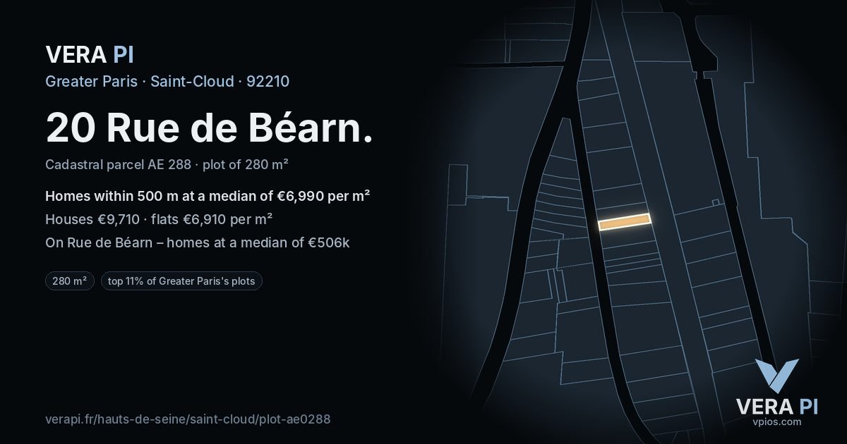 20 Rue de Béarn, Saint-Cloud at night – the plot lit, the parcels around coloured by the prices near them