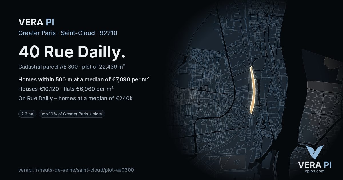 40 Rue Dailly, Saint-Cloud at night – the plot lit, the parcels around coloured by the prices near them