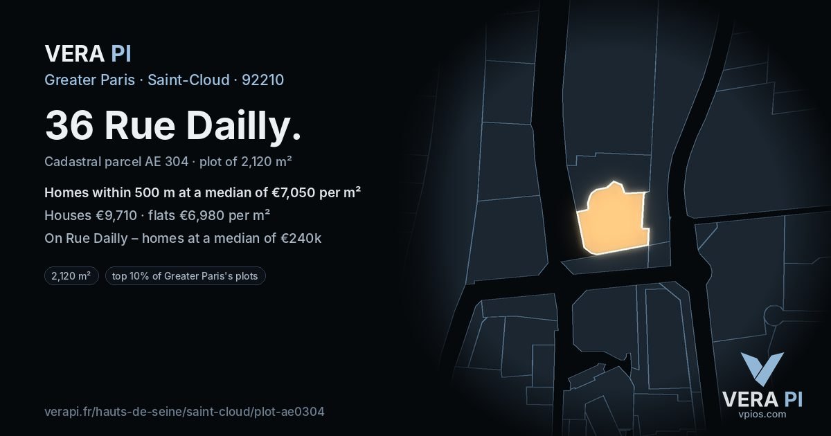 36 Rue Dailly, Saint-Cloud at night – the plot lit, the parcels around coloured by the prices near them