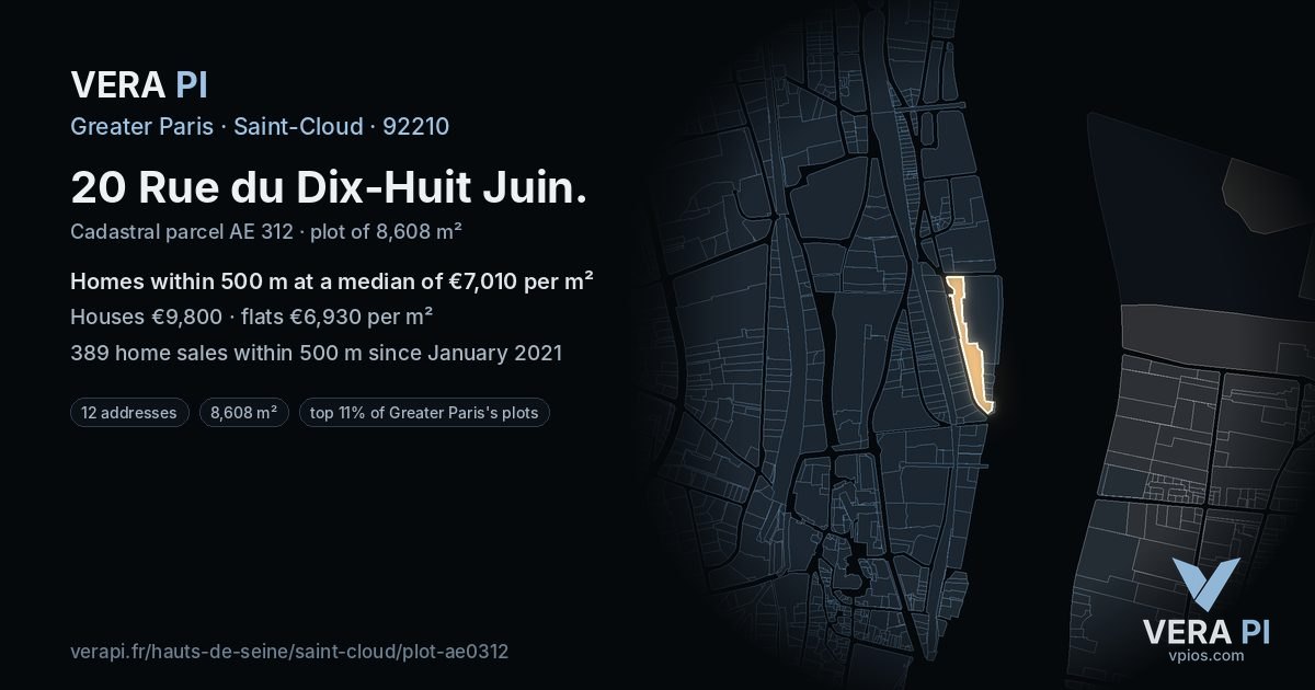 20 Rue du Dix-Huit Juin, Saint-Cloud at night – the plot lit, the parcels around coloured by the prices near them