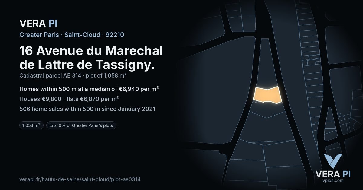 16 Avenue du Marechal de Lattre de Tassigny, Saint-Cloud at night – the plot lit, the parcels around coloured by the prices near them