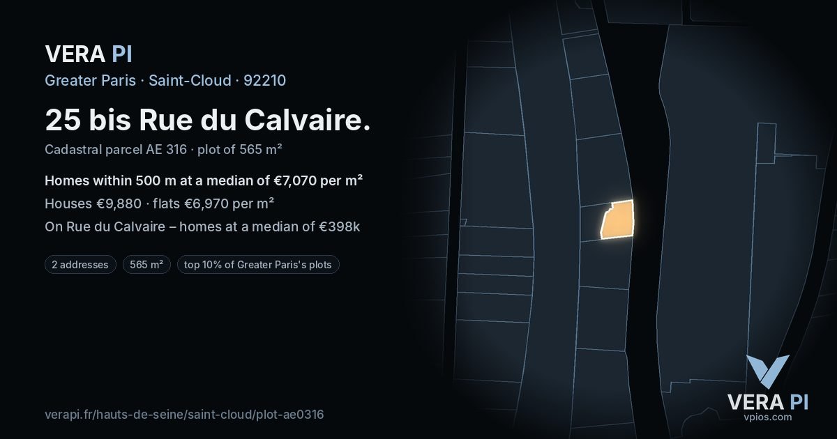 25 bis Rue du Calvaire, Saint-Cloud at night – the plot lit, the parcels around coloured by the prices near them