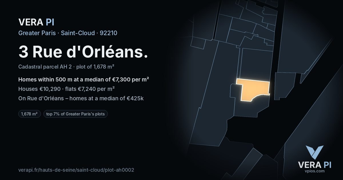 3 Rue d'Orléans, Saint-Cloud at night – the plot lit, the parcels around coloured by the prices near them