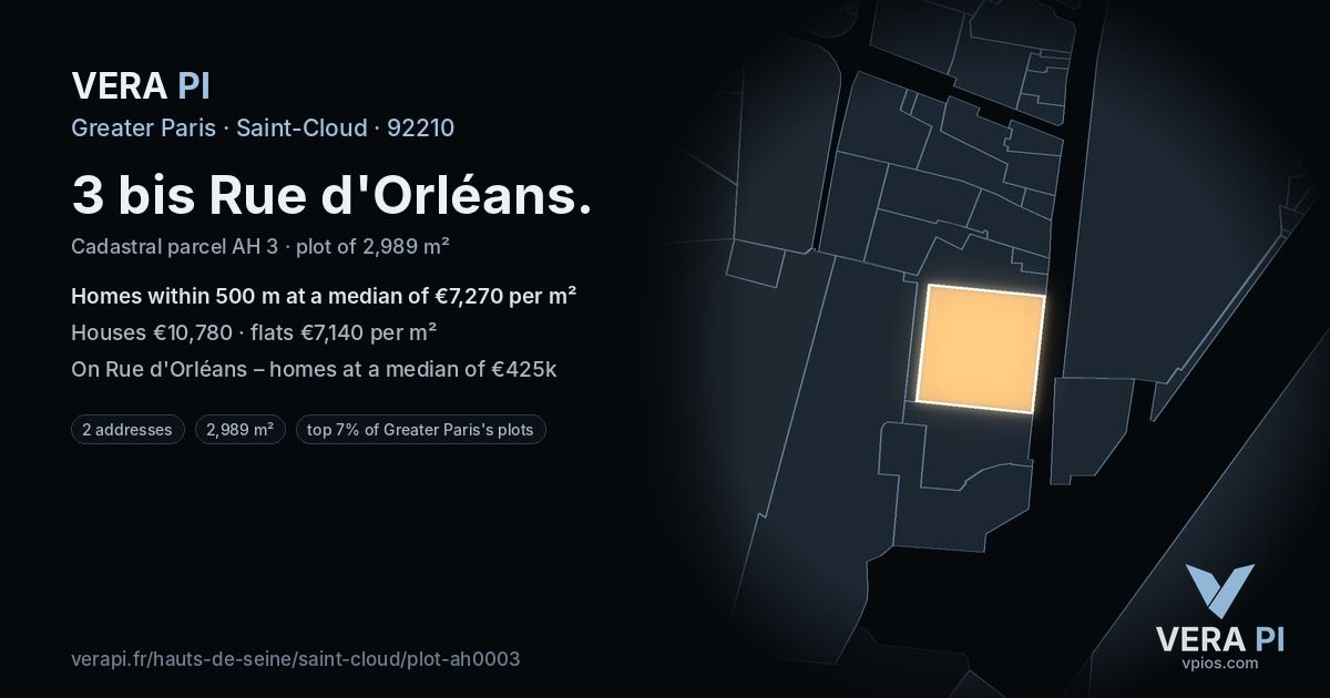 3 bis Rue d'Orléans, Saint-Cloud at night – the plot lit, the parcels around coloured by the prices near them
