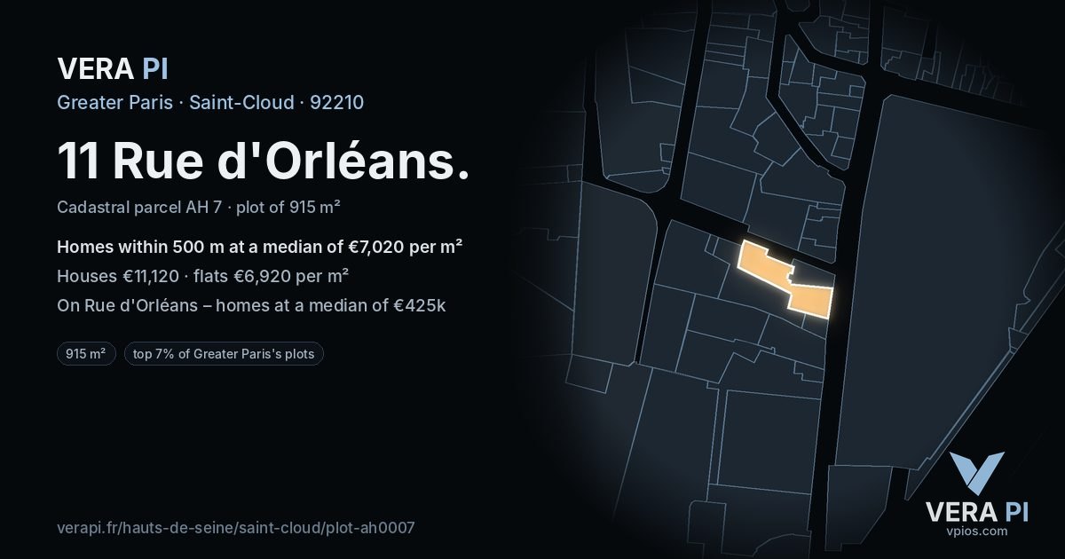 11 Rue d'Orléans, Saint-Cloud at night – the plot lit, the parcels around coloured by the prices near them