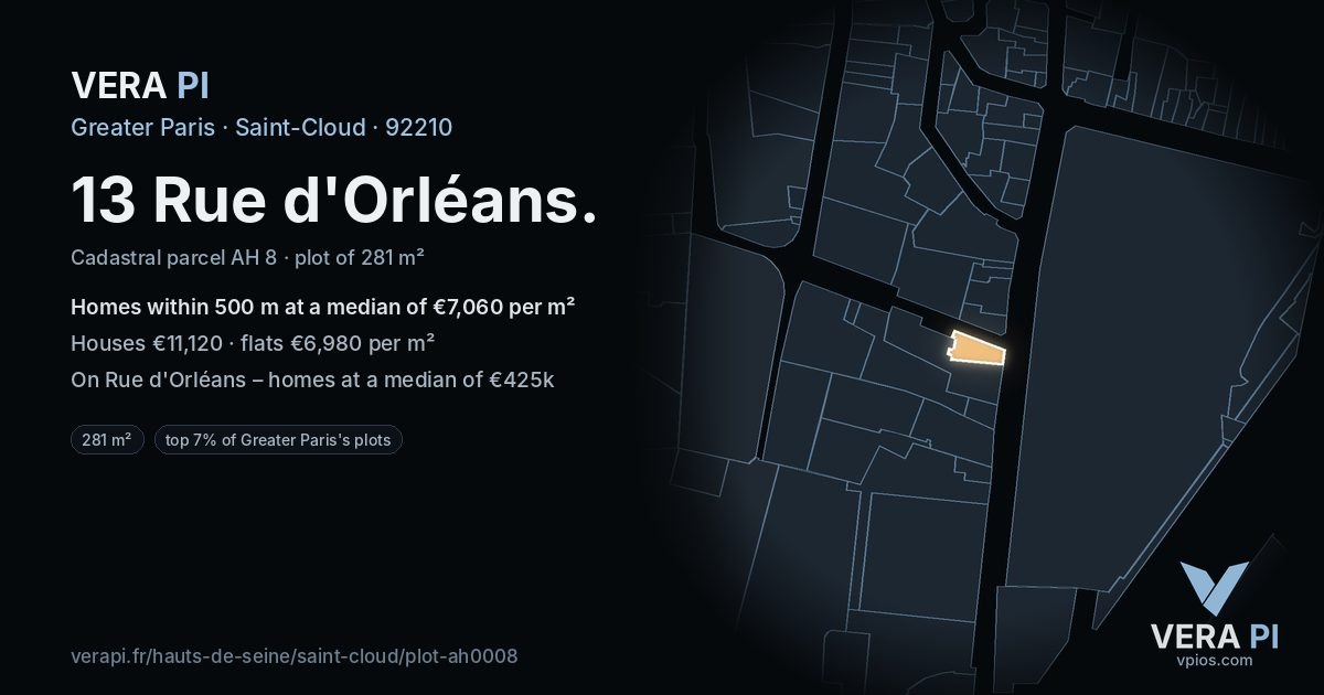 13 Rue d'Orléans, Saint-Cloud at night – the plot lit, the parcels around coloured by the prices near them