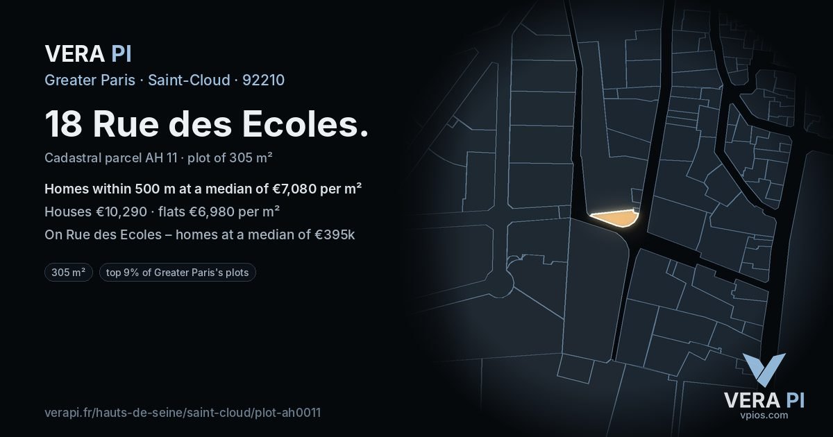 18 Rue des Ecoles, Saint-Cloud at night – the plot lit, the parcels around coloured by the prices near them