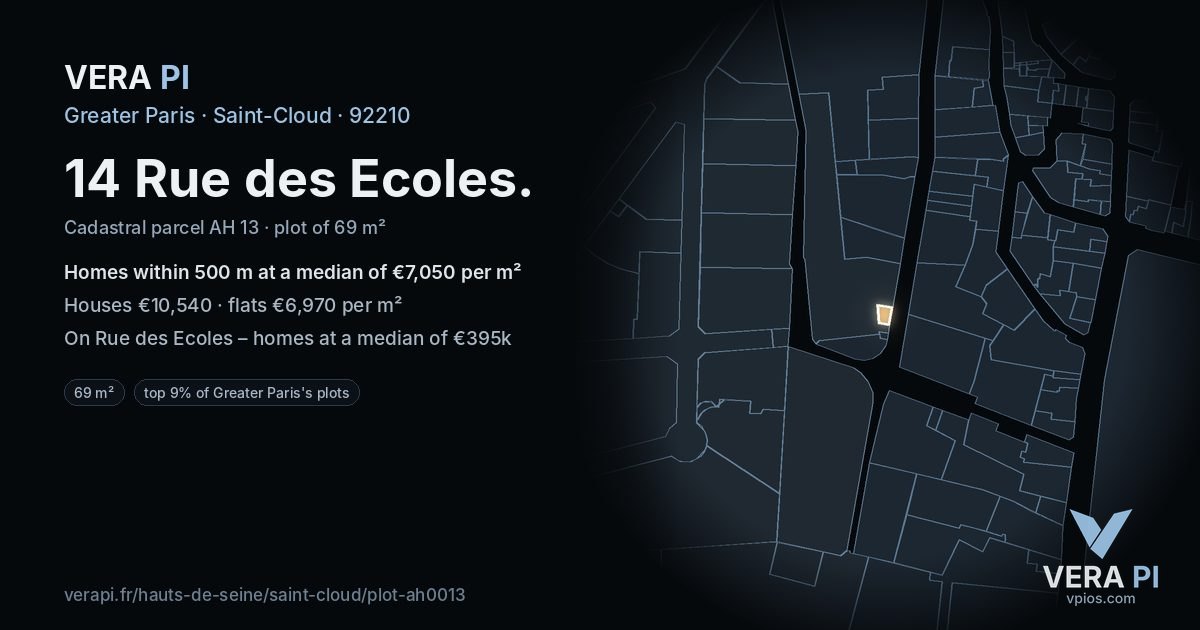 14 Rue des Ecoles, Saint-Cloud at night – the plot lit, the parcels around coloured by the prices near them