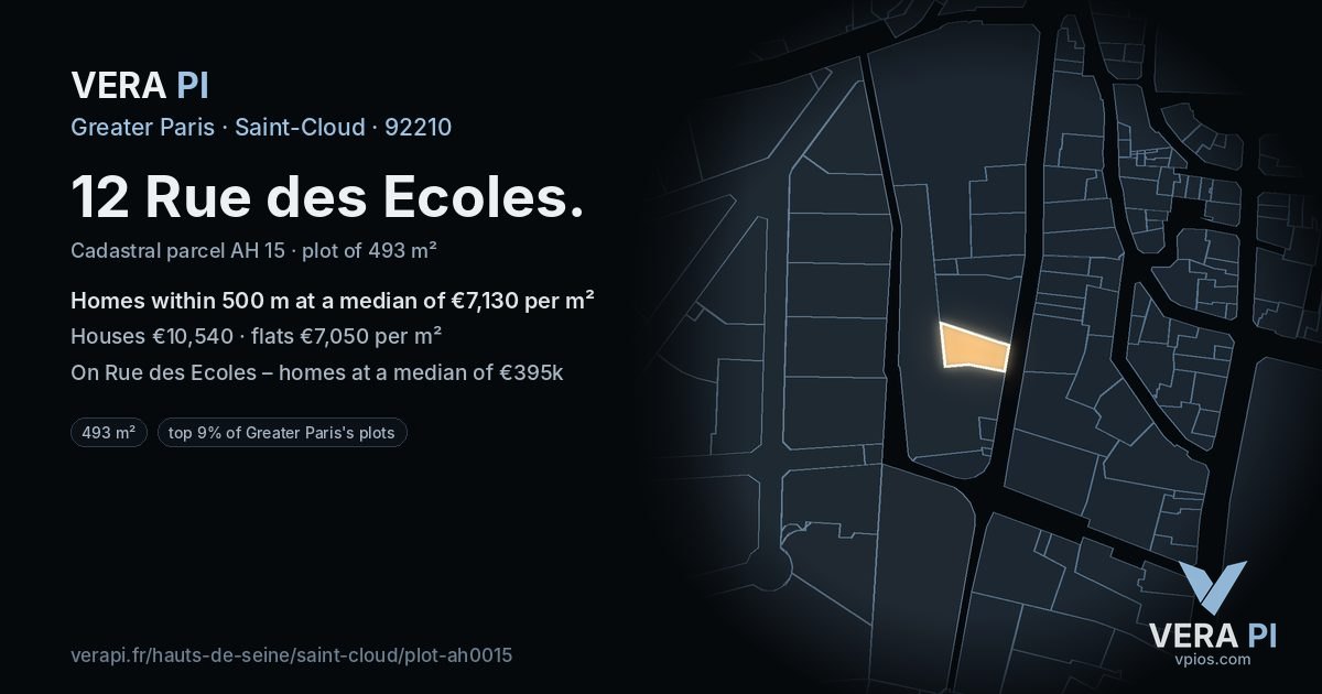 12 Rue des Ecoles, Saint-Cloud at night – the plot lit, the parcels around coloured by the prices near them