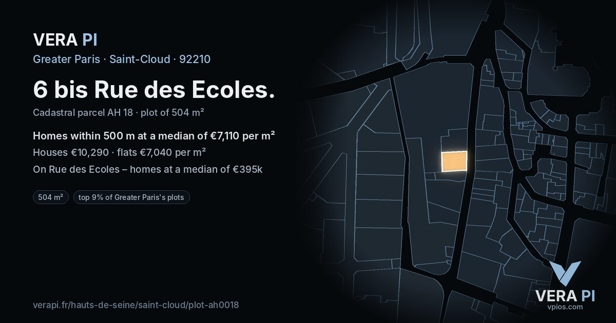 6 bis Rue des Ecoles, Saint-Cloud at night – the plot lit, the parcels around coloured by the prices near them