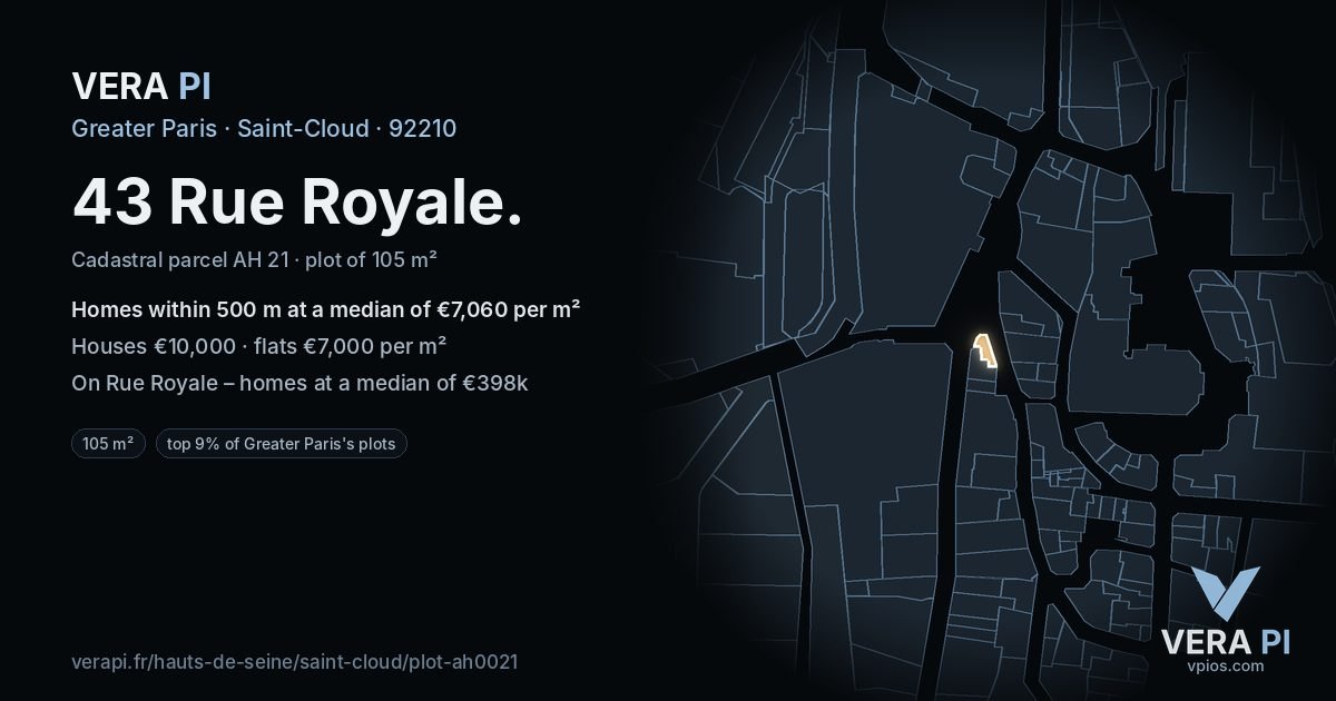 43 Rue Royale, Saint-Cloud at night – the plot lit, the parcels around coloured by the prices near them