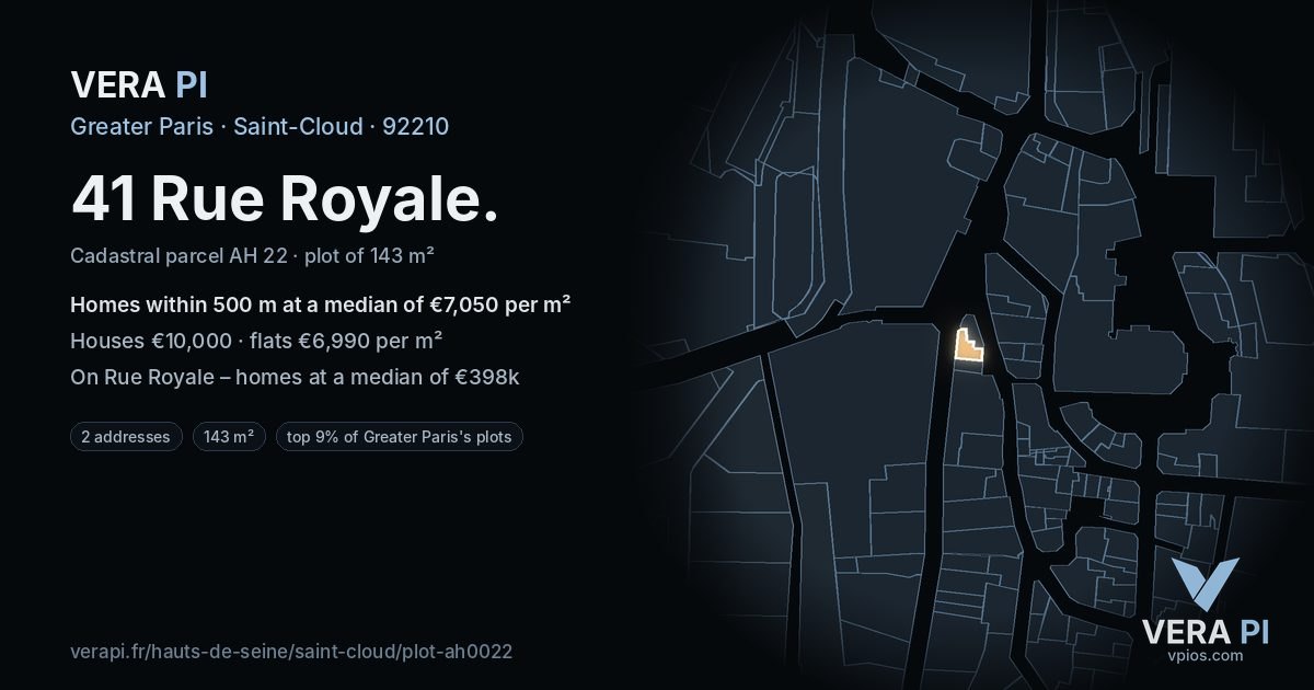 41 Rue Royale, Saint-Cloud at night – the plot lit, the parcels around coloured by the prices near them