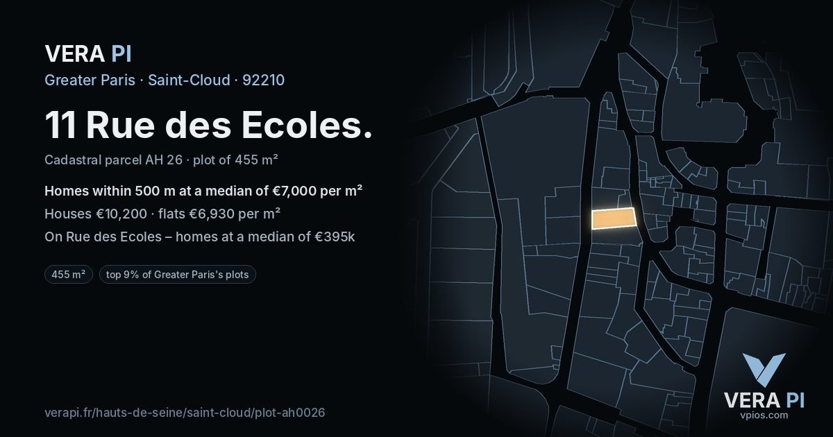 11 Rue des Ecoles, Saint-Cloud at night – the plot lit, the parcels around coloured by the prices near them