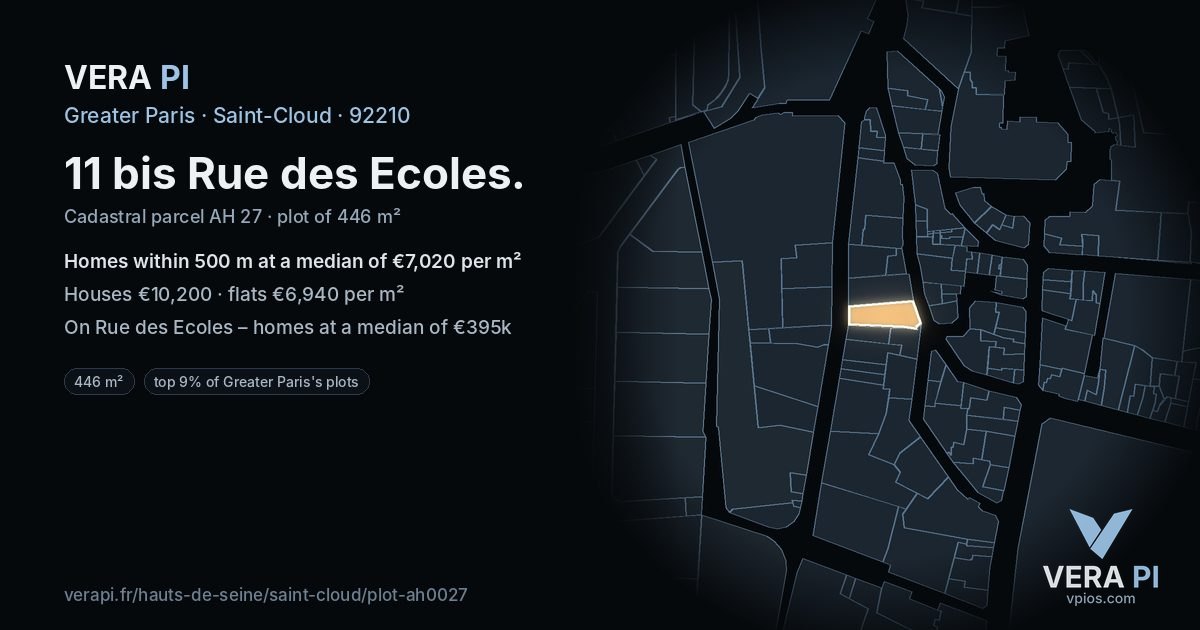 11 bis Rue des Ecoles, Saint-Cloud at night – the plot lit, the parcels around coloured by the prices near them
