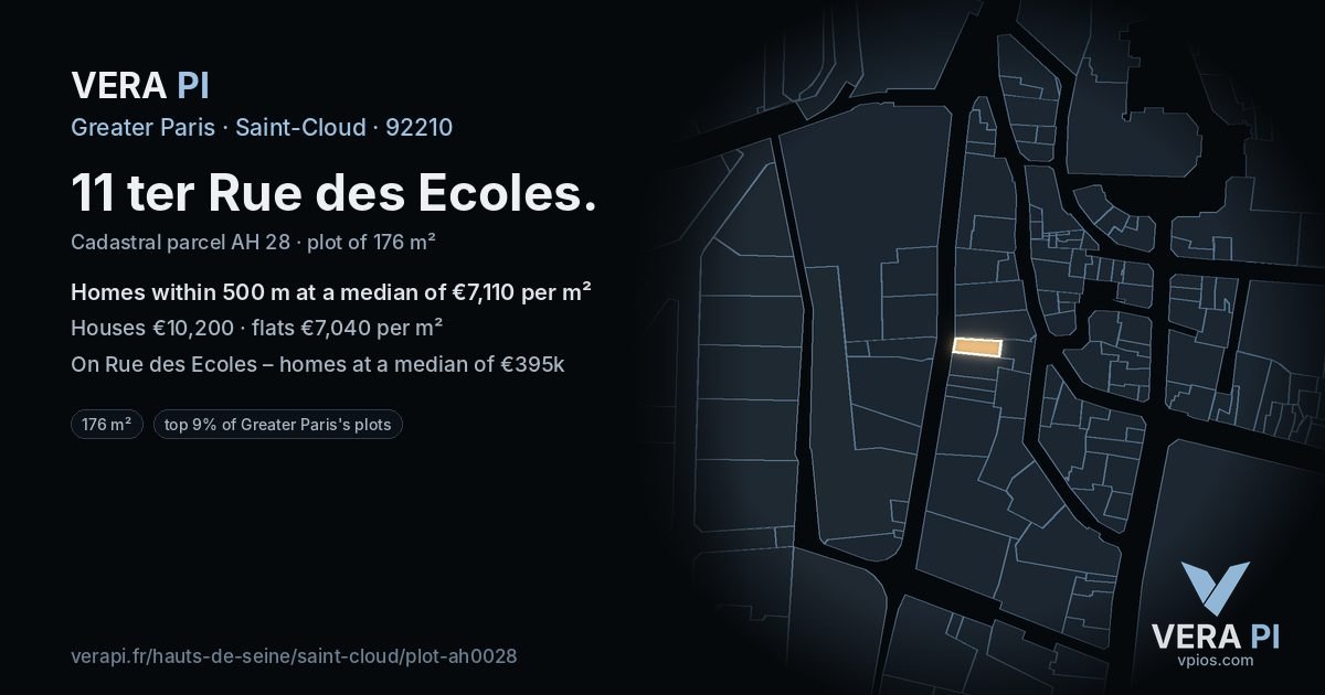 11 ter Rue des Ecoles, Saint-Cloud at night – the plot lit, the parcels around coloured by the prices near them