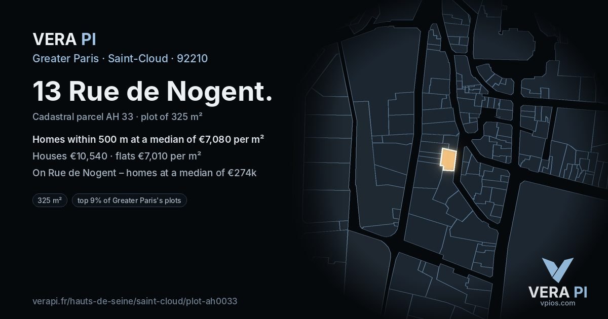 13 Rue de Nogent, Saint-Cloud at night – the plot lit, the parcels around coloured by the prices near them
