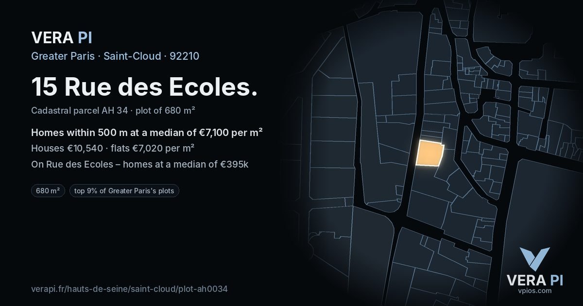 15 Rue des Ecoles, Saint-Cloud at night – the plot lit, the parcels around coloured by the prices near them