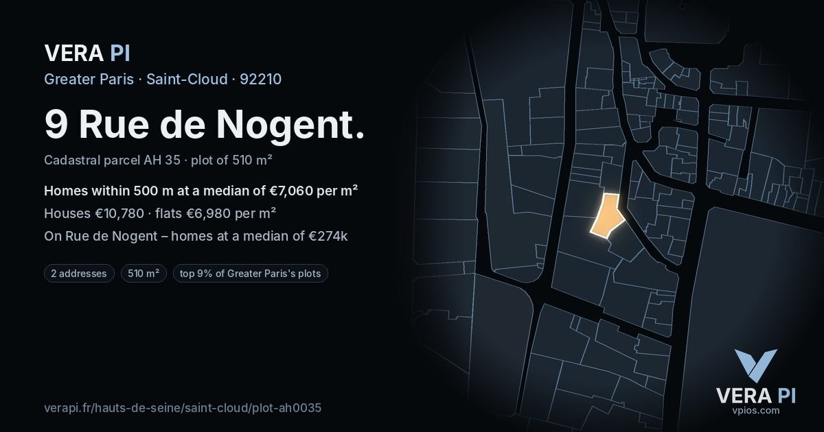 9 Rue de Nogent, Saint-Cloud at night – the plot lit, the parcels around coloured by the prices near them
