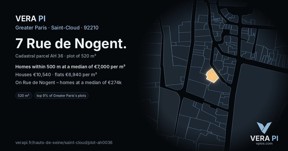 7 Rue de Nogent, Saint-Cloud at night – the plot lit, the parcels around coloured by the prices near them