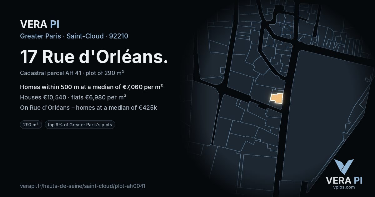 17 Rue d'Orléans, Saint-Cloud at night – the plot lit, the parcels around coloured by the prices near them