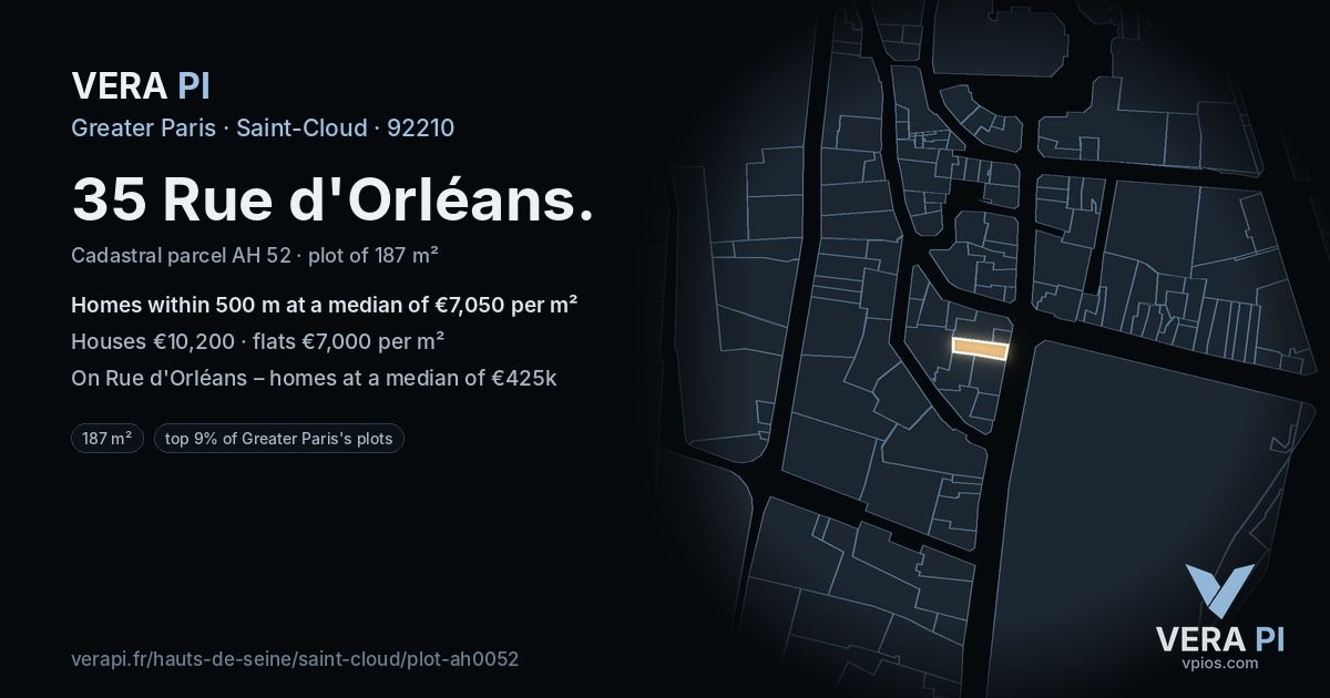 35 Rue d'Orléans, Saint-Cloud at night – the plot lit, the parcels around coloured by the prices near them
