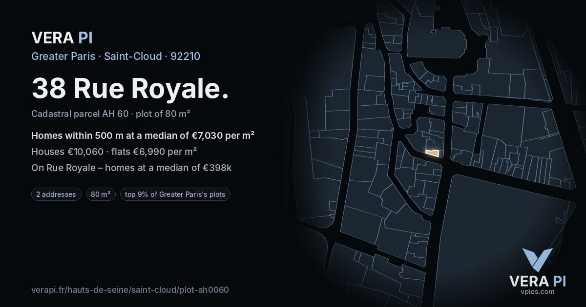 38 Rue Royale, Saint-Cloud at night – the plot lit, the parcels around coloured by the prices near them